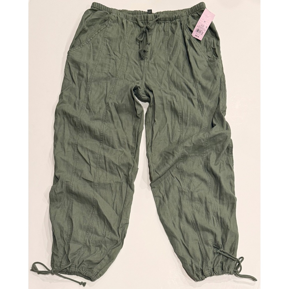 Wild Fable Jogger Pants Women M Green NEW Linen Blend Drawstring Hem Seam Detail